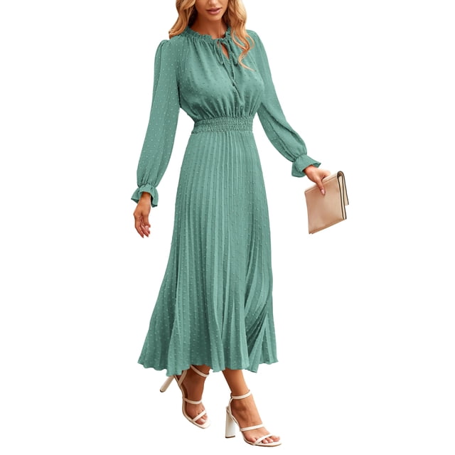 Vestido PRETTYGARDEN Midi Verde con Plisados y Diseño Swiss Dot Talle XL