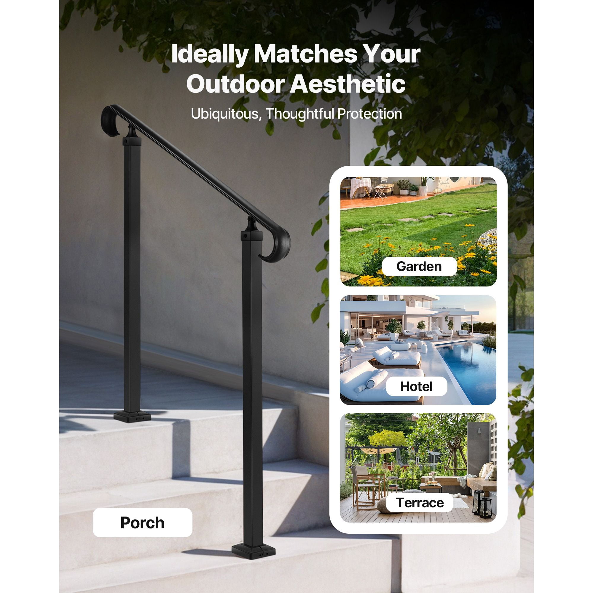 Handrails for Outdoor Steps, 2-3 Step Adjustable Height, Carbon Steel Transitional Handrail with Installation Kit, Exterior Hand Railing for Steps, Concrete or Wooden Stairs, Porch, Matte Black