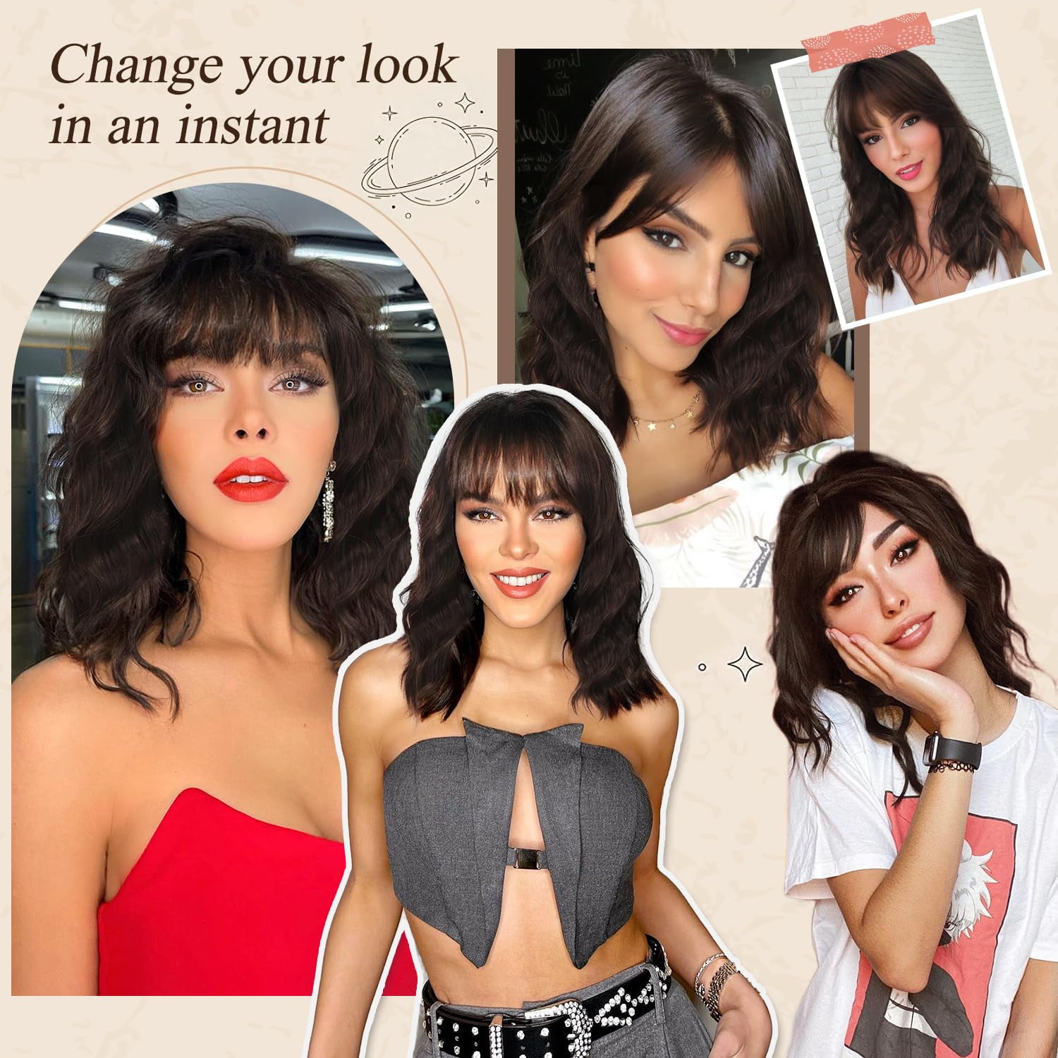 DOPI Short Wavy Wig with Bangs for Women Shoulder Length Bob Curly Women's Charming Synthetic Wigs with Natural Wavy Black To Brown Heat Resistant Hair for Daily Party Use