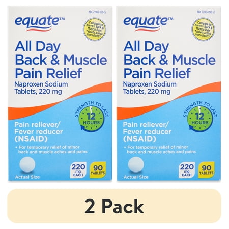 (2 pack) Equate All Day Back & Muscle Pain Relief Naproxen Sodium Tablets, 220mg, 90 Count