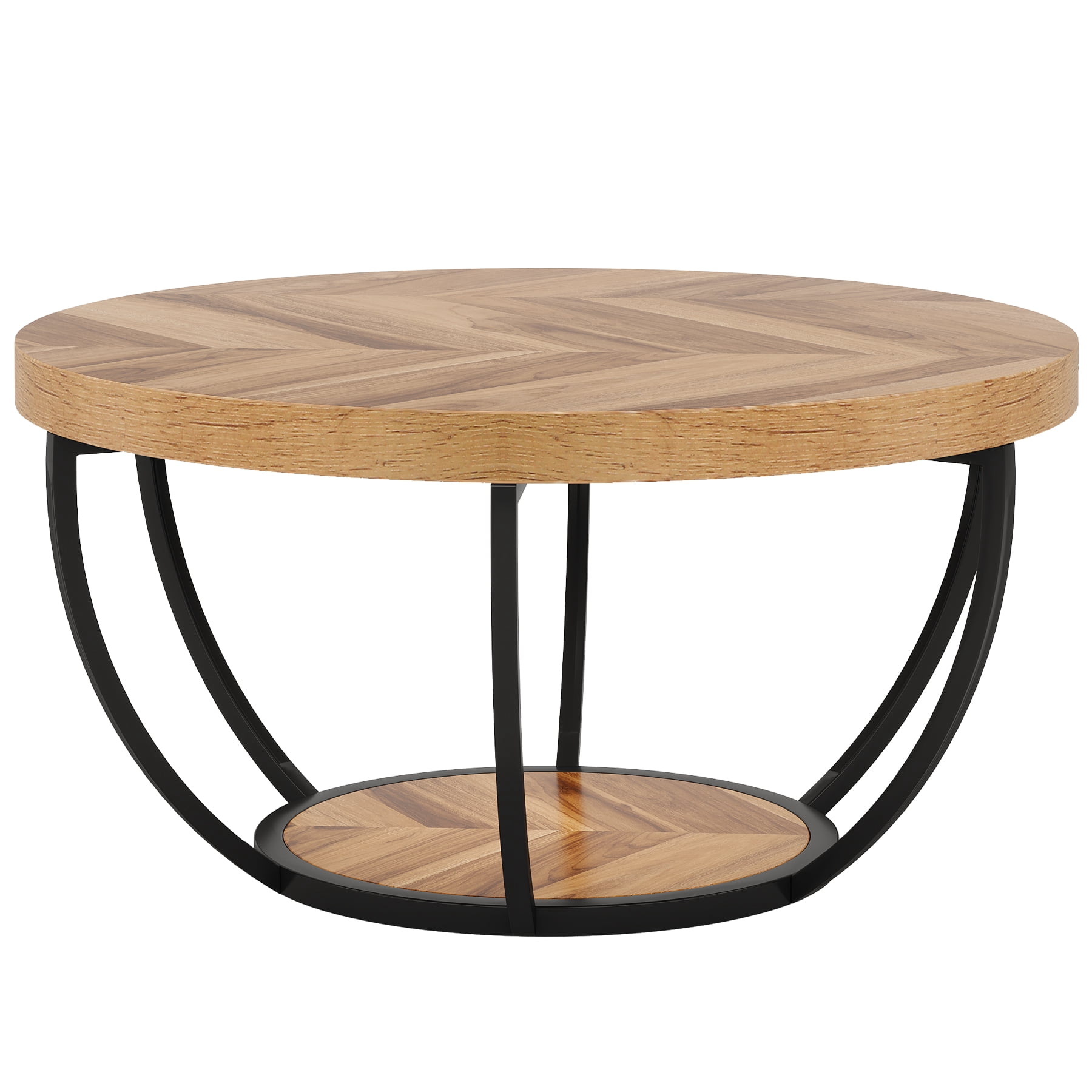 Fnova Coffee Table with 2 - Tier Storage, 32" Round Wood Coffee Table with Metal Legs, Modern Rustic Style Center Table for Living Room, Warm Brown and Black