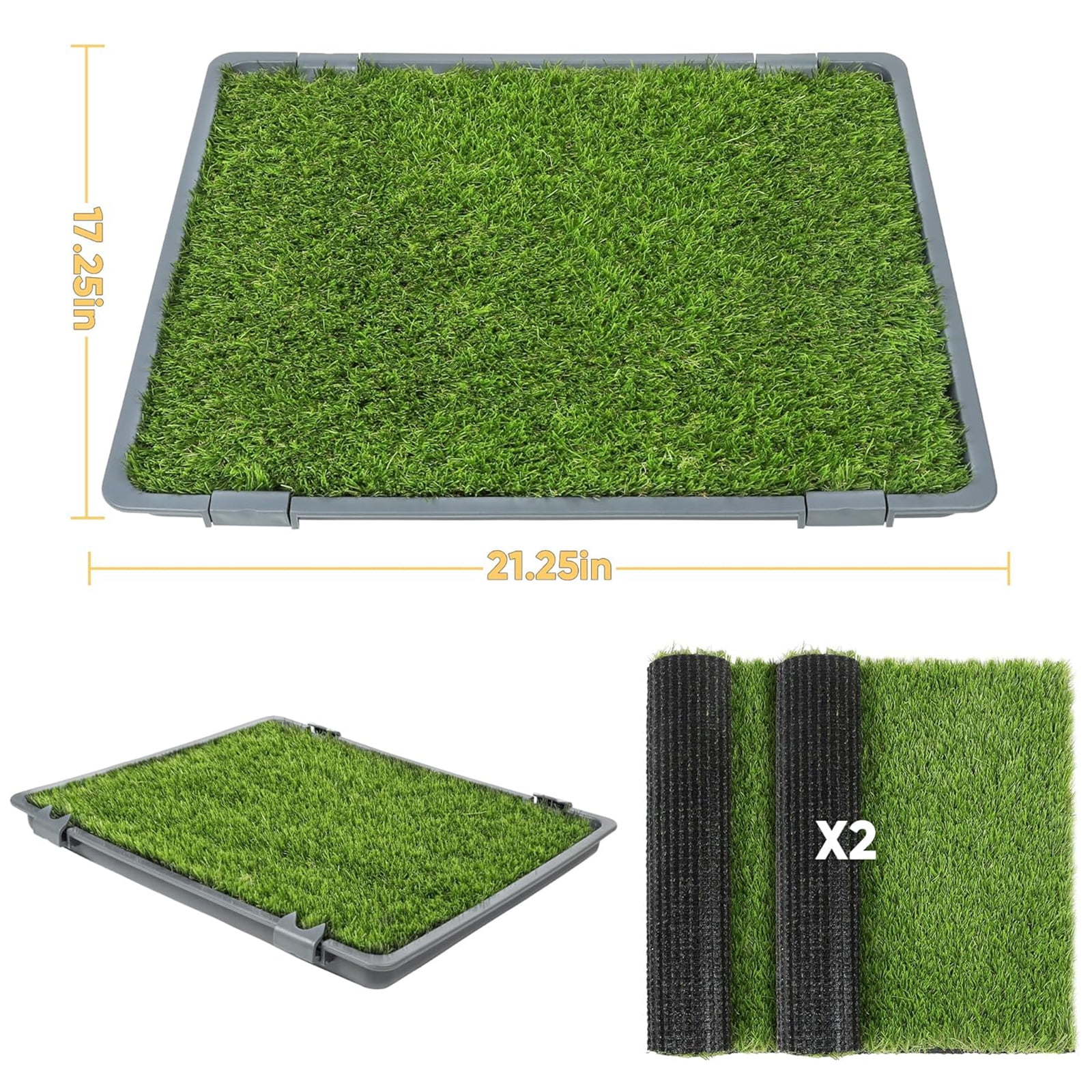 Dog Grass Pad with Tray,Reusable Training Pad with Replaceable Artificial Grass,Quick Absorbent Indoor Portable Dog Patio Potty,Washable Pee Pad For Puppy (Gray Tray + 2 Grass Pads for Replacement)