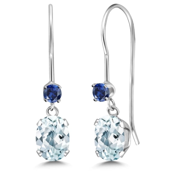 Gem Stone King 14K White Gold Sky Blue Aquamarine and Blue Created Sapphire French Wire Dangle Earrings for Women (0.96 Cttw, Gemstone March Birthstone, Oval 6X4MM and Round 2.5MM)
