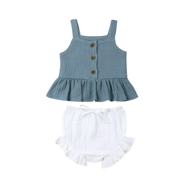 Ensemble 2 Pcs pour Nouveau-Née Fille : Hauts Courts Sans Manches à Boutons + Mini-Shorts