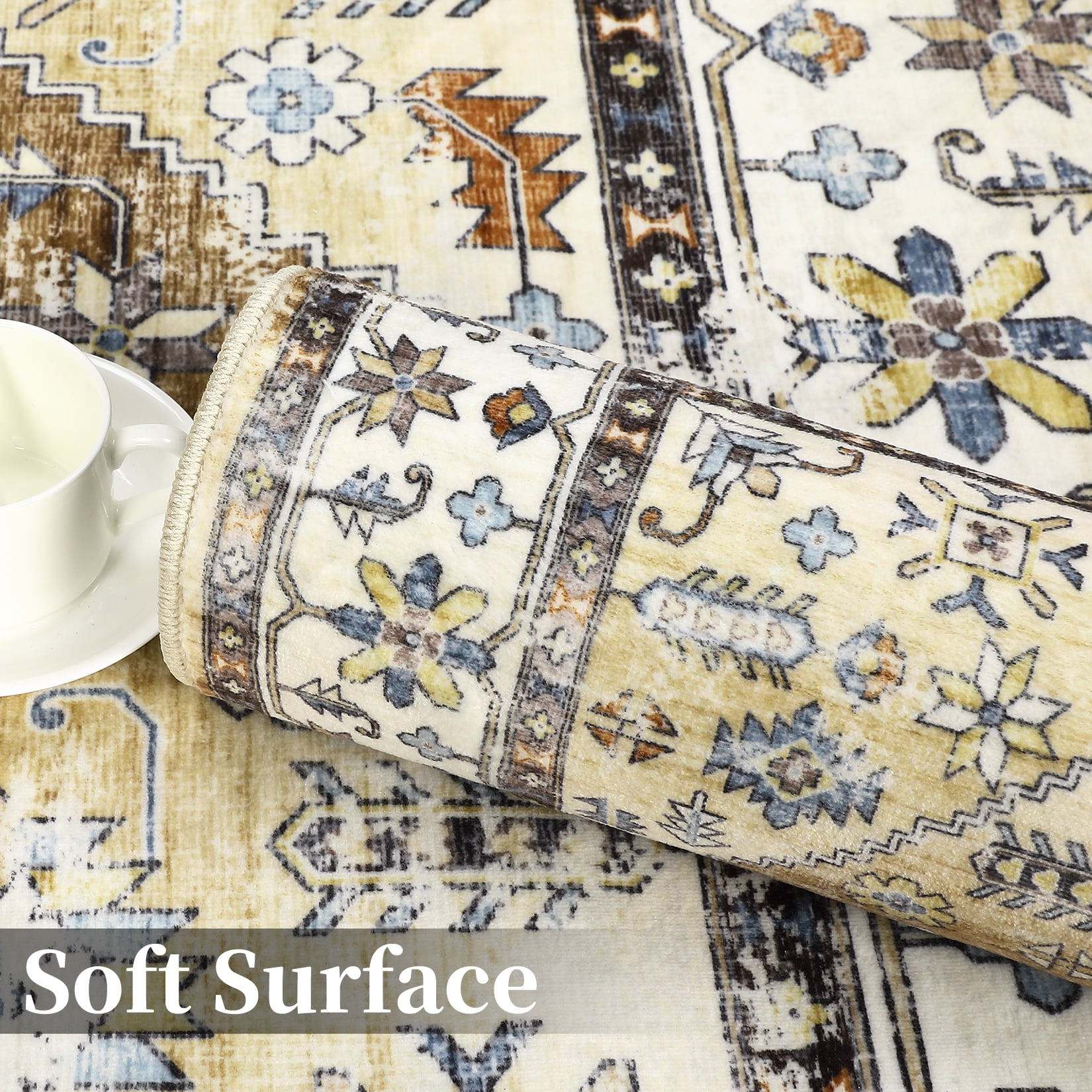 Garvee 6'x9' Vintage Area Rug Indoor Boho Distressed Carpet Floral Rug Stain-Resistant Foldable Thin Rug, Yellow