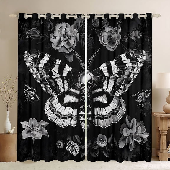Homewish Goth Skull Moths Kitchen Curtains,Vintage Flowers Black Out Curtains Pack of 2 (42x63 Each),Black Gray,Halloween Living Room Curtains