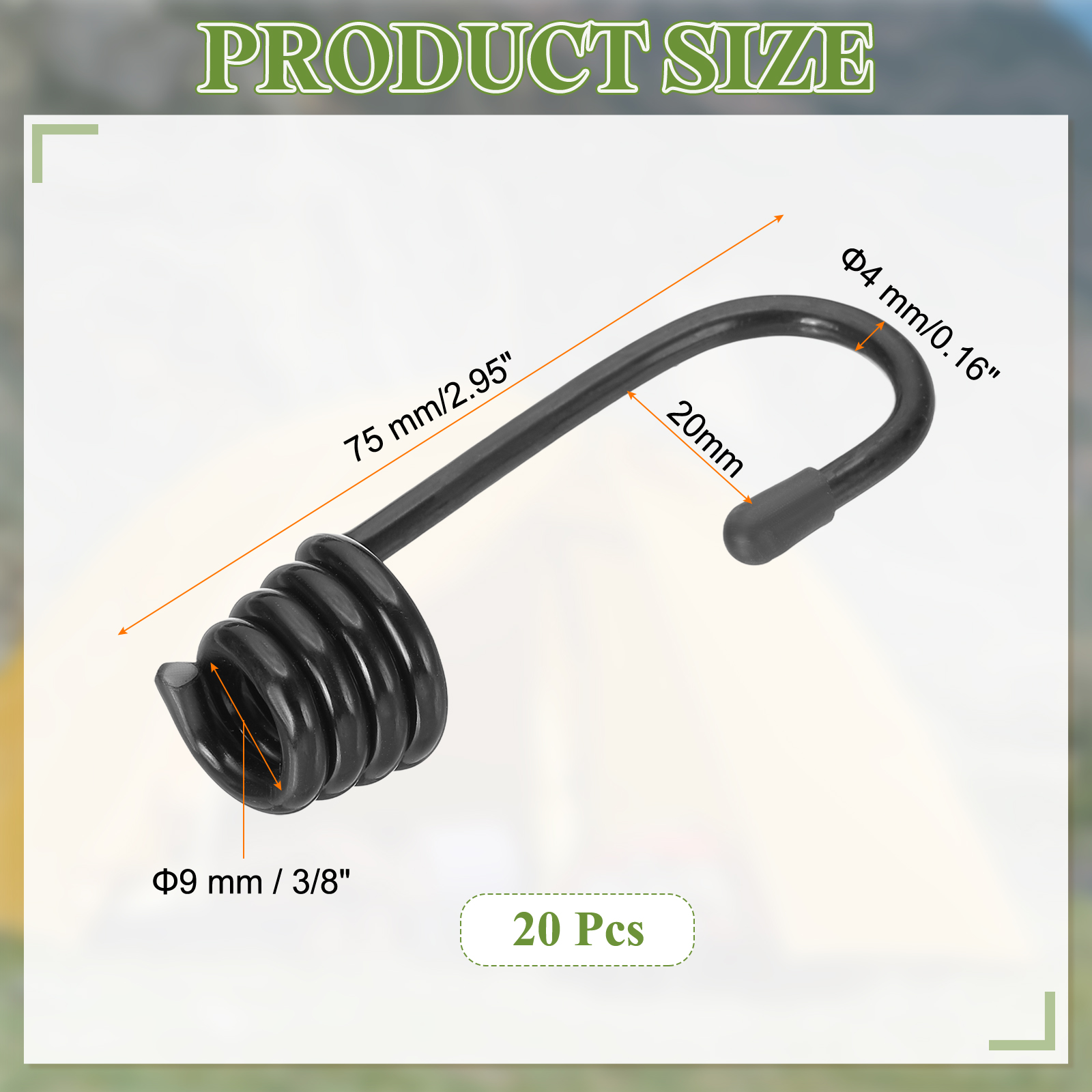 3/8"(9mm) Bungee Cord Hooks, Heavy Bungee Shock Cord Hook Spiral Wire Hooks End, Black 20 Pcs