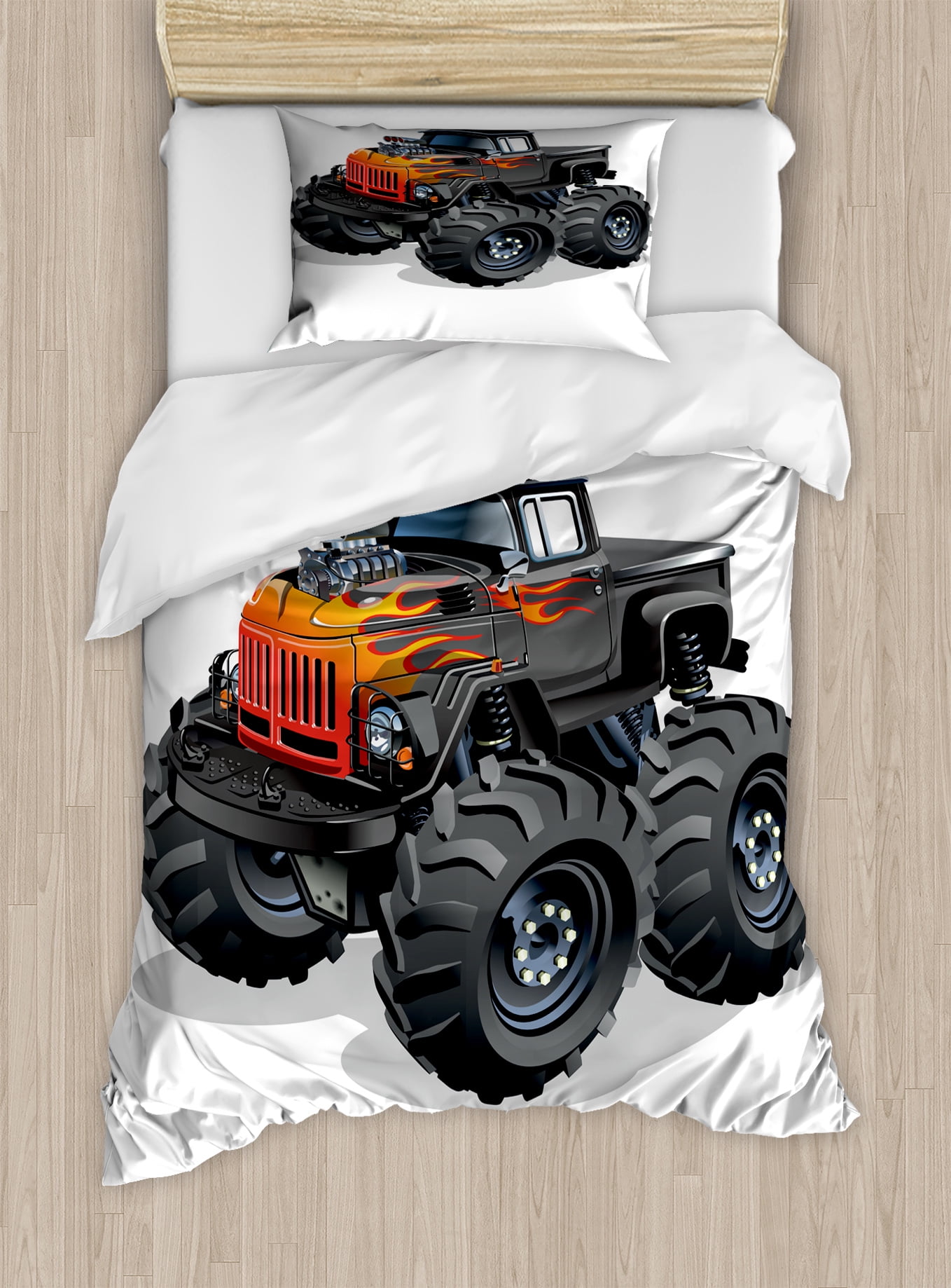 Monster Truck Duvet Cover Set Twin Size, Cartoon Truck Enormous Wheels