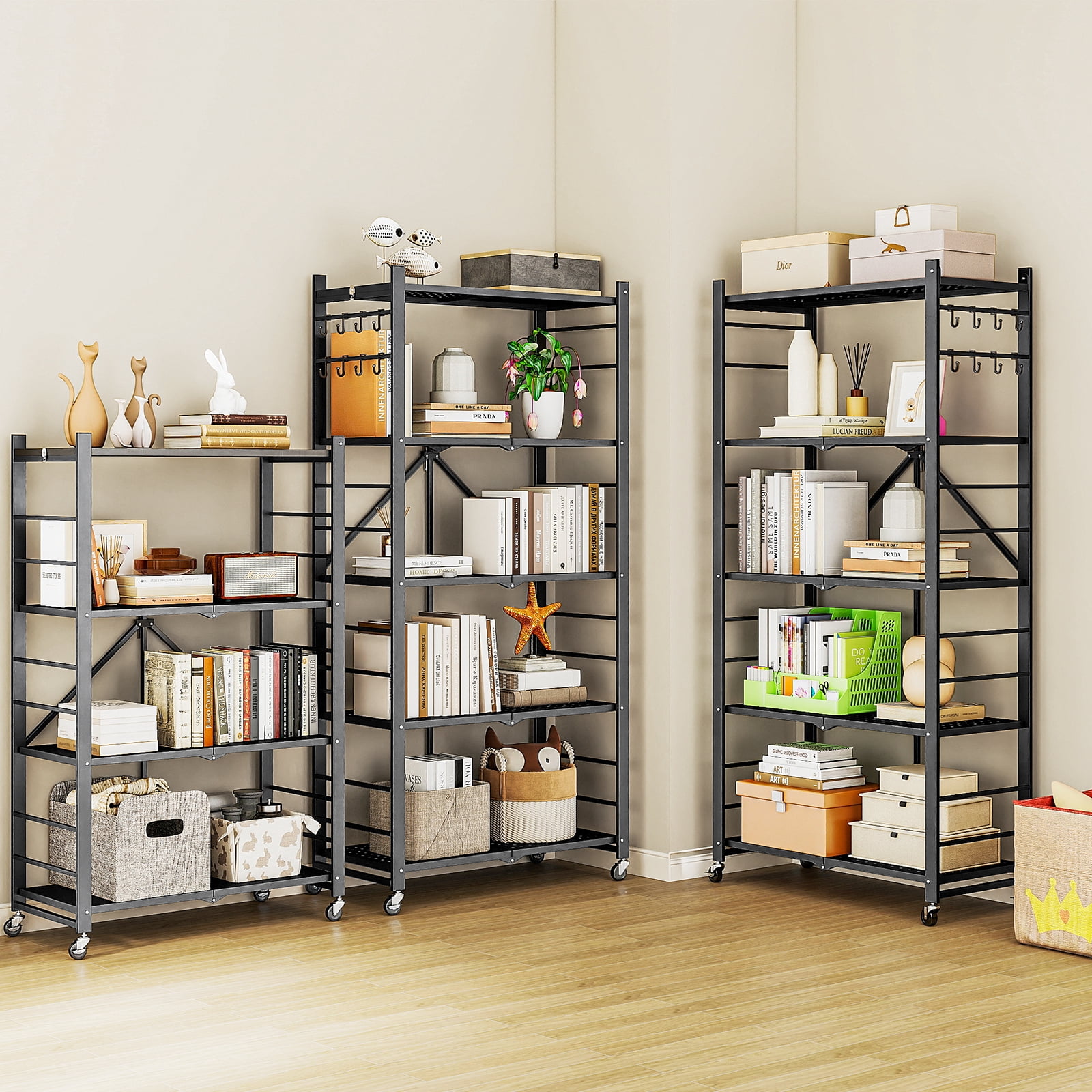 Vebreda 5-Tier Heavy Duty Foldable Metal Storage Shelf with 3 Hooks, Kitchen Organizer Rack, Black