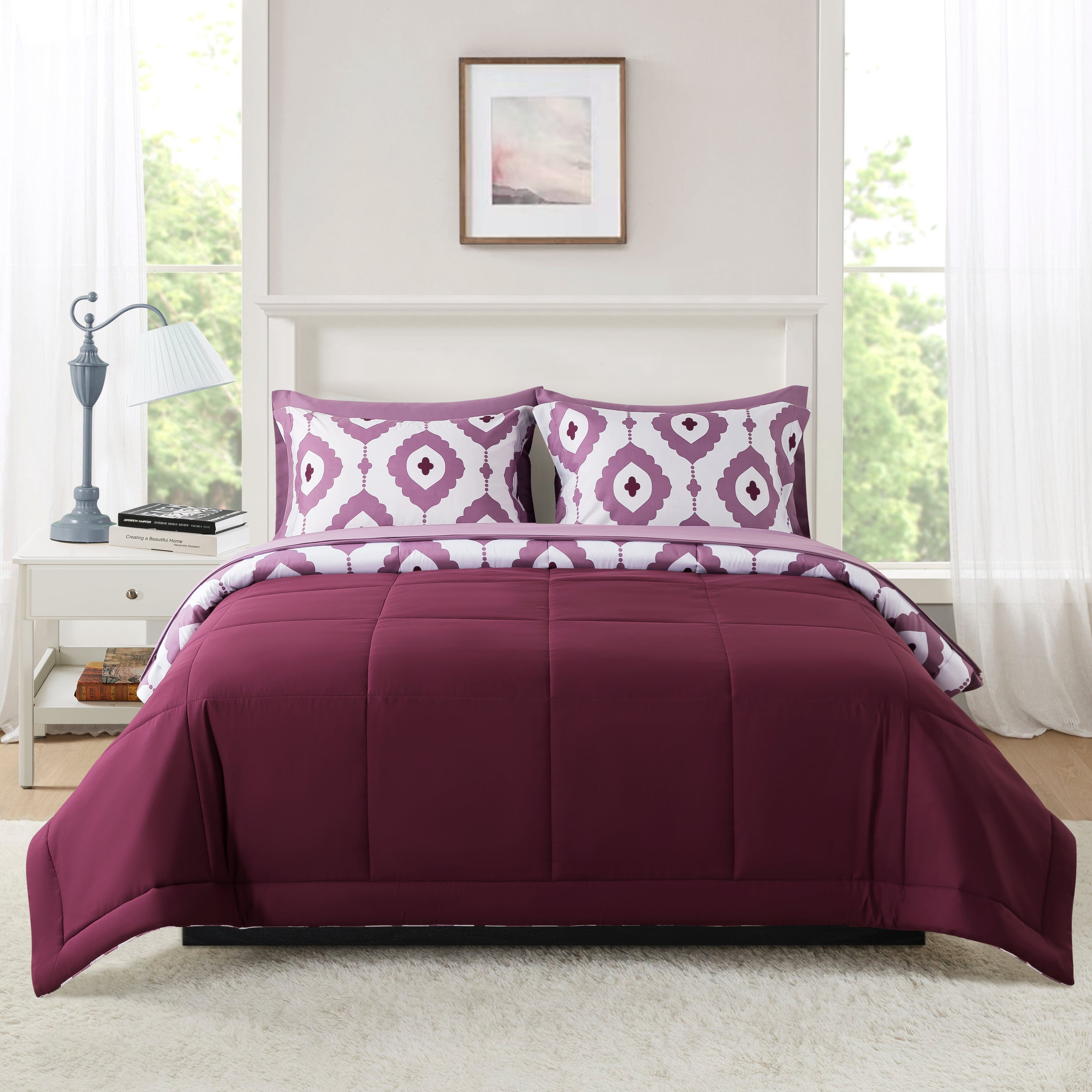 Mainstays All in One Reversible Comforter and Sheet set- 7 Piece, Full, Purple Geo