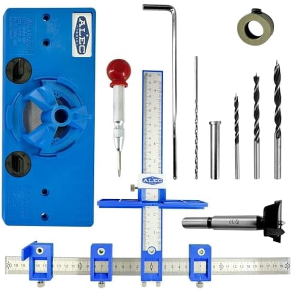 Cabinet Installation Tool Complete Set – Adjustable Hardware Template for Handles, Knobs, Drawer Pulls – Handle Jig, Concealed Hinge Jig, Automatic Center Punch, Drill Bits, Storage Bag$$