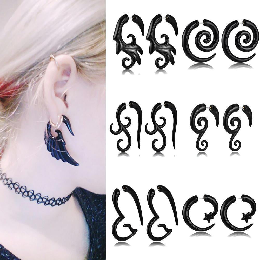 Fake Ear Stretcher Plugs Black & White Checked Acrylic Faux Gauge Spiral