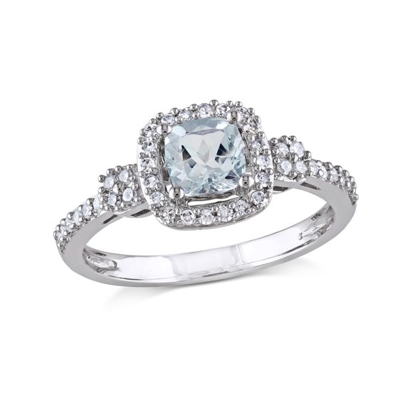 7/10 Carat (Ctw) Light Aquamarine Ring with Diamond Halo in 10K White Gold