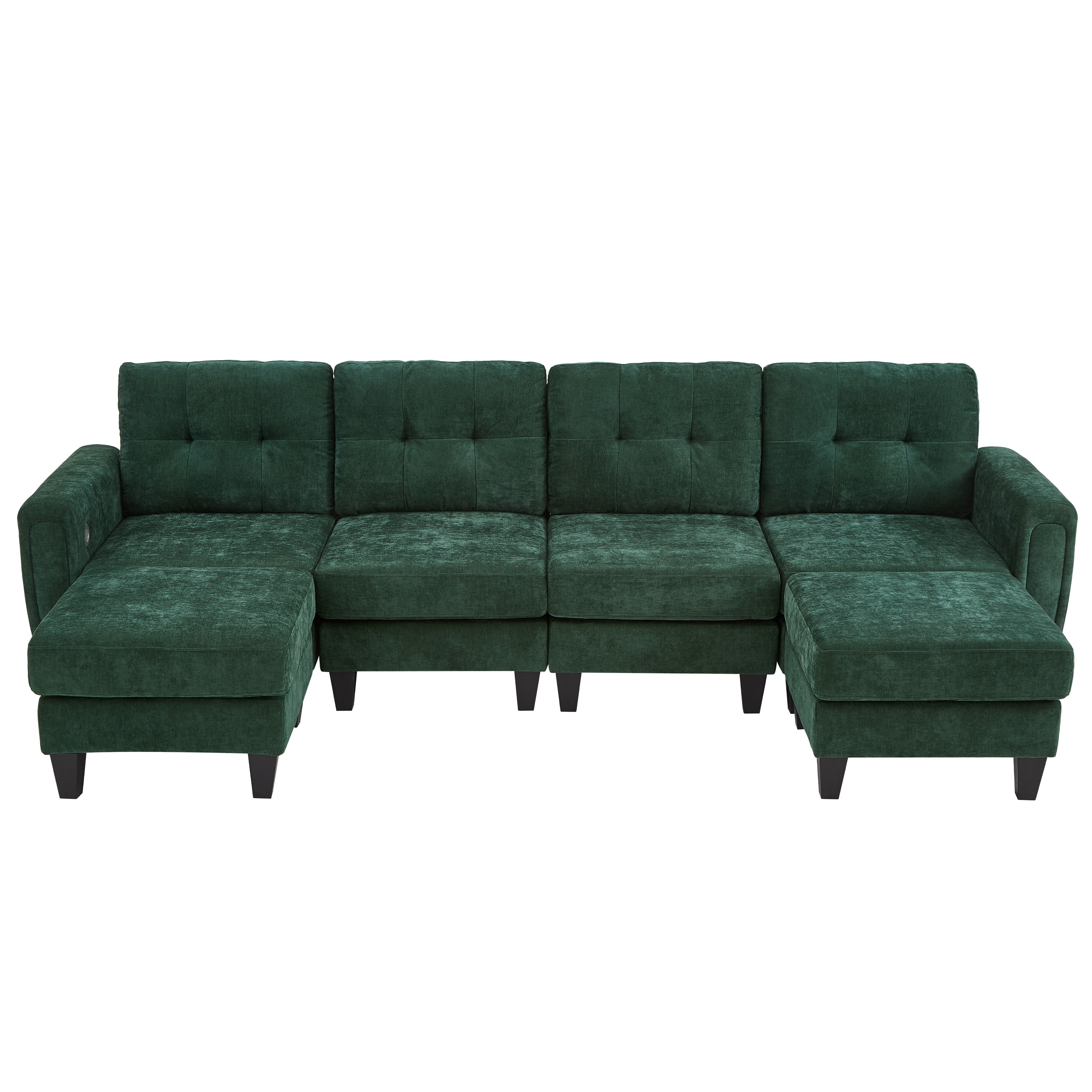 Euroco Modern Sectional Sofa 115" U-shaped Sofa Upholstered Sofa Couch with Two Movable Ottomans, USB Ports and Side Tables for Living Room, Green