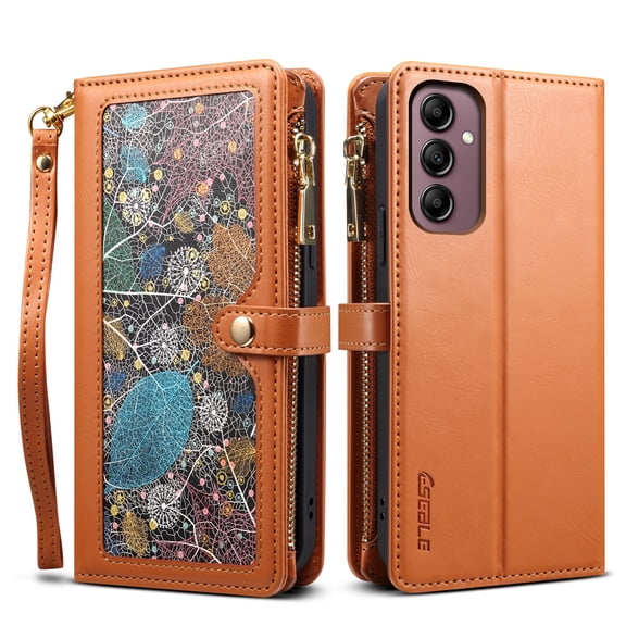 Dteck RFID Blocking PU Leather Wallet Card Case with Crossbody Strap for Samsung Galaxy S26, Shockproof Zipper Pocket Flip Stand Cover, Brown