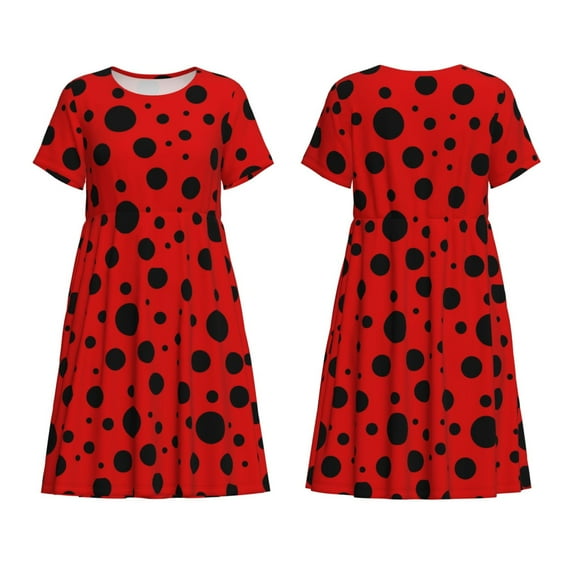 Horeoi Ladybug Pattern Print Women's Short Sleeve Dress Breathable Polyester-Spandex All-Over Print A-Line Side Pockets Elastic Waist