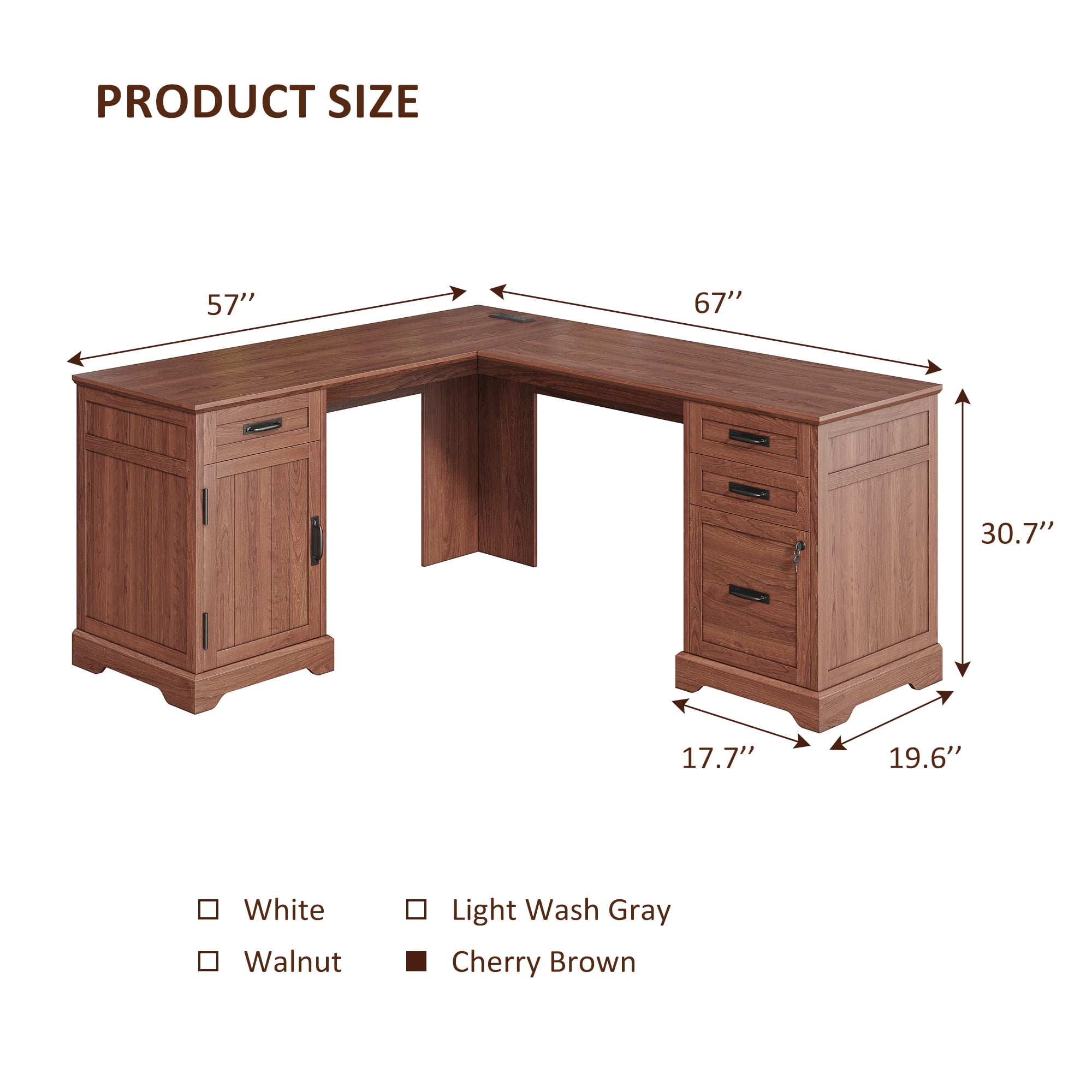 67'' Farmhouse L Shape Desk with File Drawers and Charging Station for Home Office, Cherry Brown