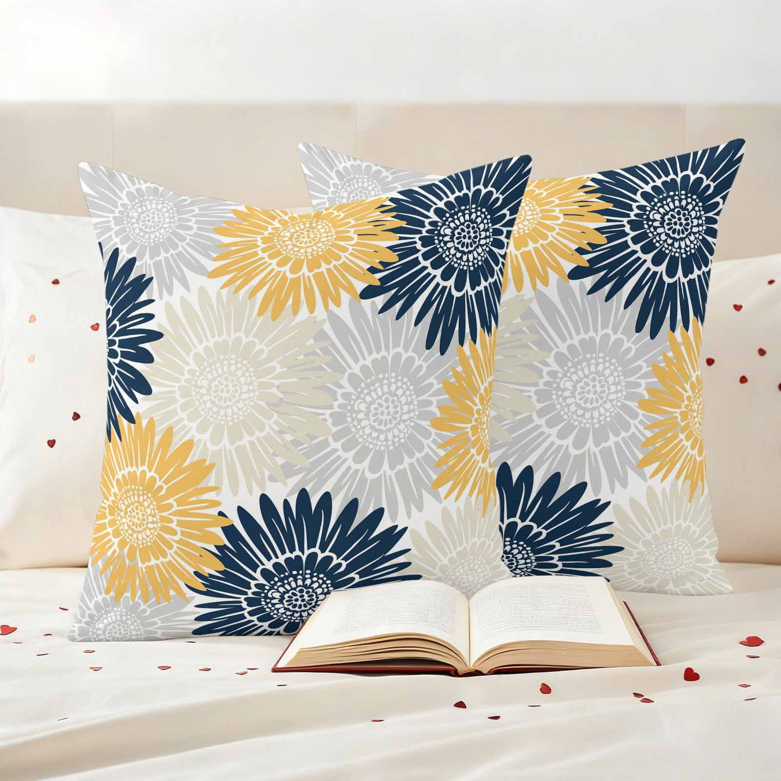 Yellow Grey Sunflowers Outdoor Waterproof Throw Pillow Covers 24x24 Set of 2, Boho Vintage Floral Rustic Blossom Pillowcases Cushion Pillowcase for Couch Sofa Patio Outside Pillow Protector