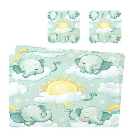 

Wobogo Illustration Of Cartoon Sleeping Baby Elephants Placemats Coasters Set of 2 Heat-resistant Non-slip Easy to Clean Square Dinner Plate Mat
