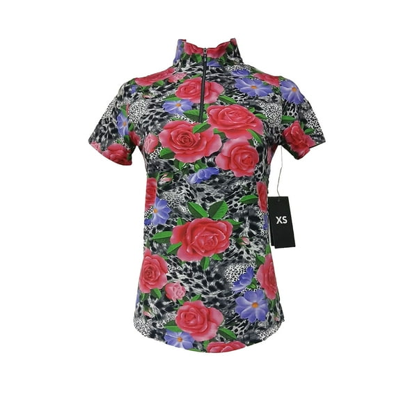 Ibkul Women's Jovanna Short Sleeve Zip Mock Neck Pink Black Size XS