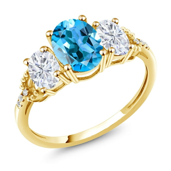 Gem Stone King 10K Yellow Gold Swiss Blue Topaz White Moissanite and Diamond Accent 3-Stone Ring for Women | 2.54 Cttw | Oval 8X6MM & 6X4MM | Gemstone Birthstone (Size 9)