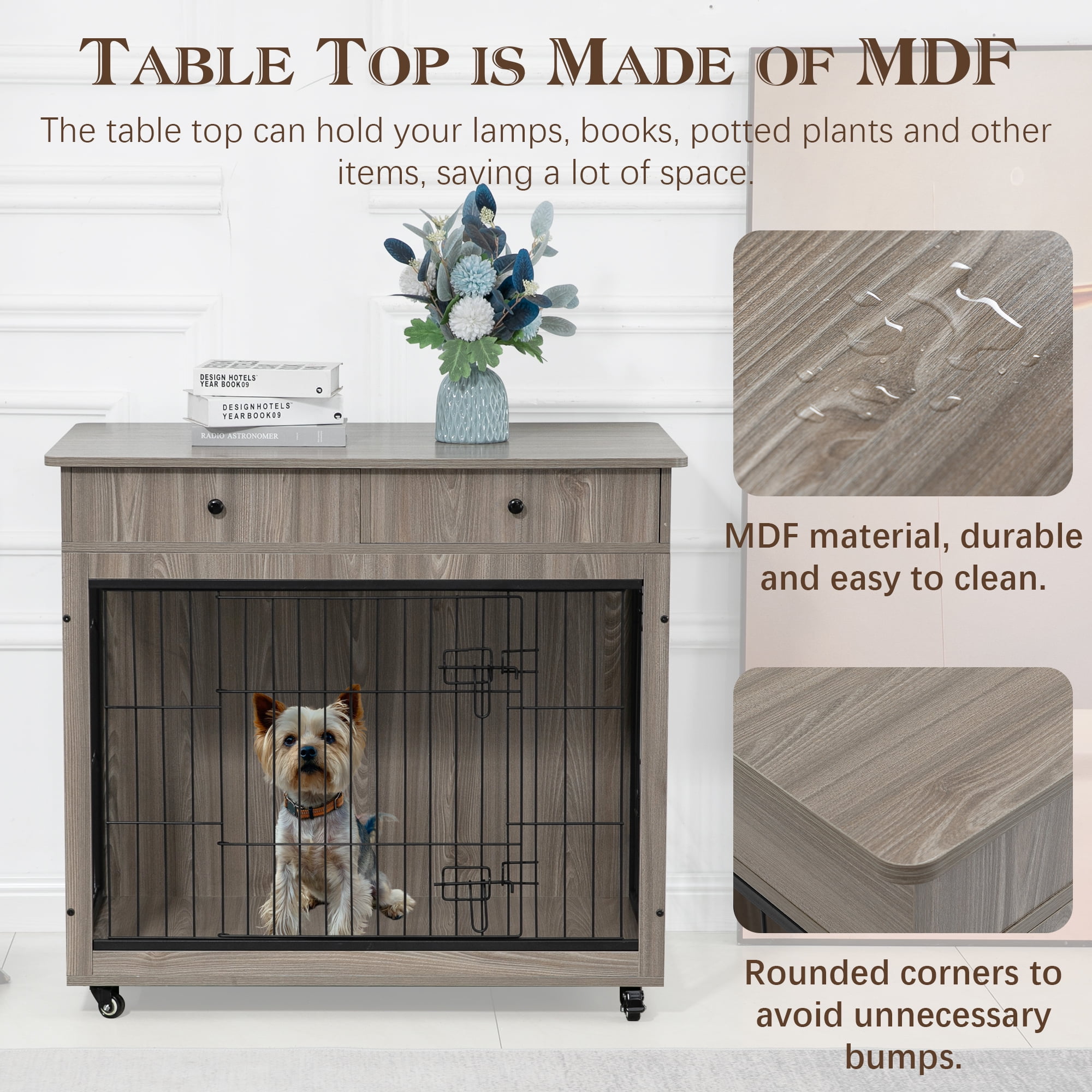 Pefilos 31" Wooden Dog Crate Furniture with 2 Drawers Storage, Indoor Dog Kennel, Heavy Duty Dog Cage for Small, Gray Pefilos 31" Wooden Dog Crate Furniture with 2 Drawers Storage, Indoor Dog Kennel, Heavy Duty Dog Cage for Small, Gray
