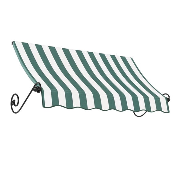 Awntech 10.38 Ft Charleston Sloped Fixed Awning with Scrolled Iron Arms (124.5in x 36in x 24in), Forest/White Stripe