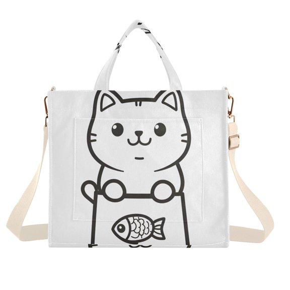 FORMRS Womens Corduroy Tote Bag Crossbody Shoulder Handbag with Pocket, Cute Chubby Cat