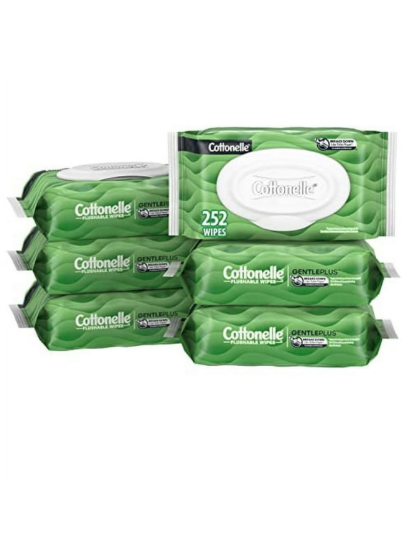 Cottonelle GentlePlus Flushable Wet Wipes with Aloe & Vitamin E, Adult Wet Wipes, 6 Flip-Top Packs, 42 Wipes per Pack (6 Packs of 42) (252 Total Flushable Wipes), Packaging May Vary
