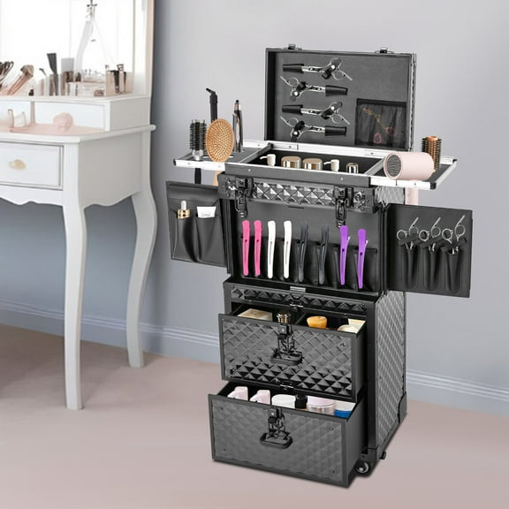 Lockable Rolling Makeup Train Case Hairdressing Cosmetic Travel Case with Wheels