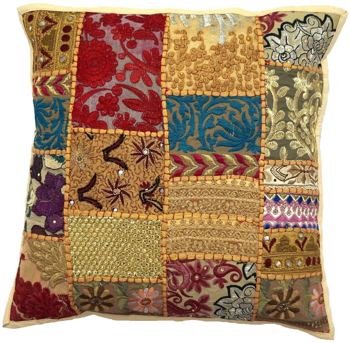 Indian Bohemian Decorative Sofa Throw Pillow Cover 16 Inch Cotton Patchwork Geometric Indian Square Couch Cushion Cover (Size - 40x40 cm ; Color: Beige )