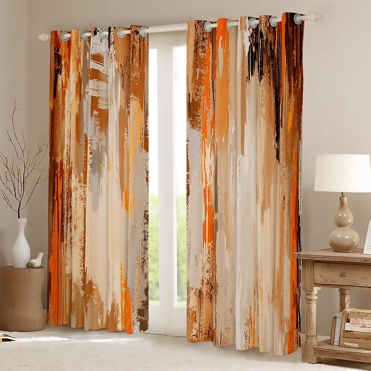Manfei Oil Painting Ombre Black Out Curtains, Aesthetic Orange Brown Curtains Pack of 2 (42x63 Each), Watercolor Art Bedroom Curtains, Microfiber Bedroom Decor