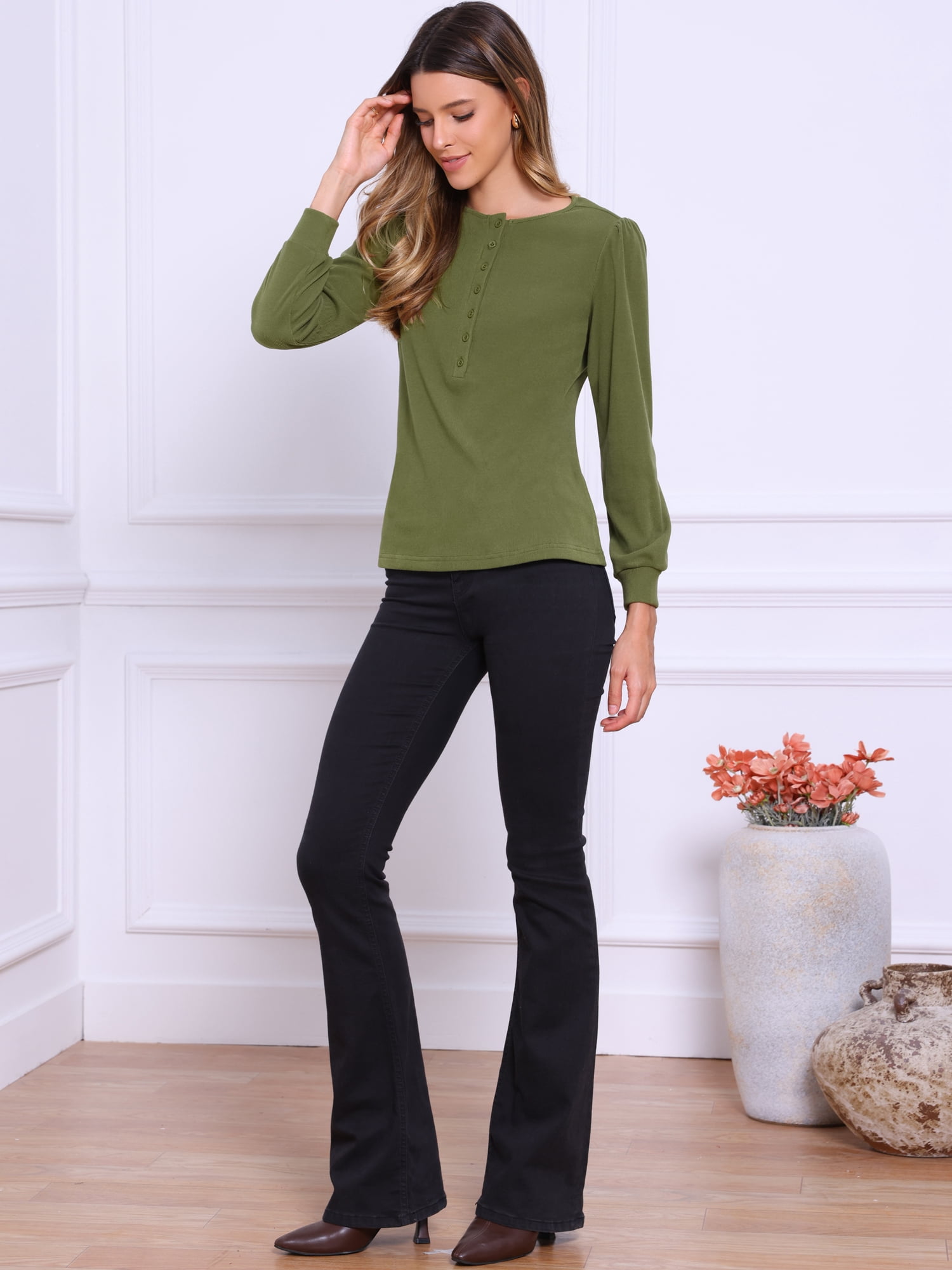 DARING DIVA Women's Long Sleeve Henley Crew Neck Tops Shirt Blouses XS Green