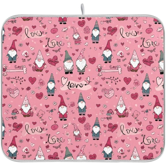 Happy Valentine’s Day Pink Dish Drying Mat for Kitchen Countertop 16x18 Love Gnomes Love Heart Gift Small Drying Mat Reusable Quick Dry Dish Sink Mats Easy Clean Decorative Essentials