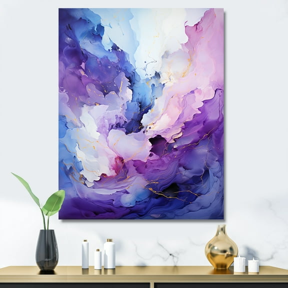 Designart "Mystic Melodies in Purple and Blue I" Abstract Canvas Wall Art - Modern Blue Abstract Collages Living Room Canvas Art