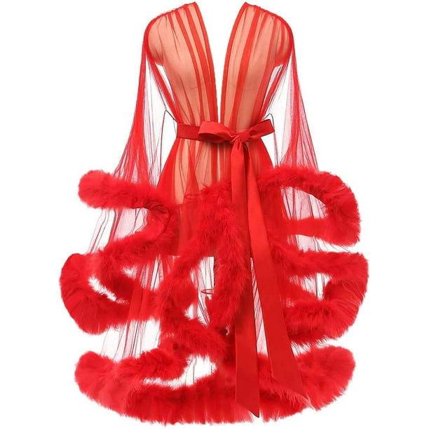 Yexinbridal Tulle Feather Robe Sexy Sheer Mesh Fur Bridal Illusion