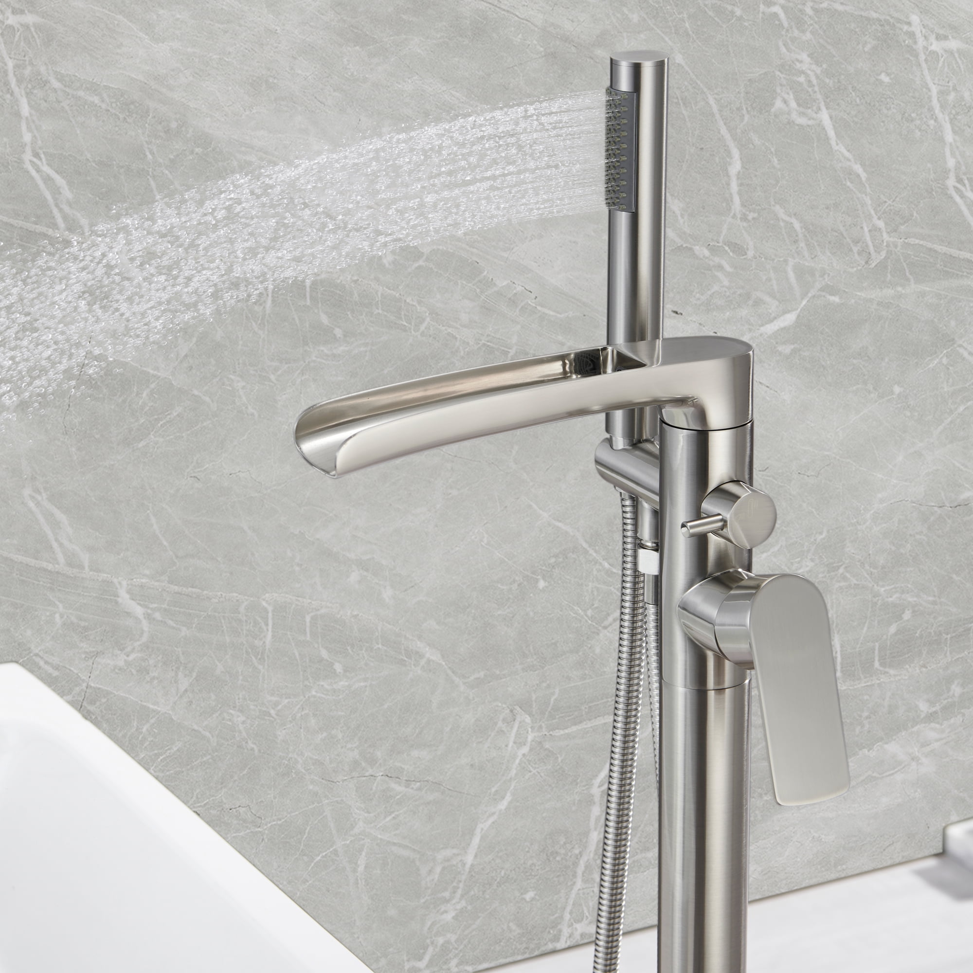 Freestanding Waterfall Bathtub Filler, Floor Mount Clawfoot Tub Faucets with Handheld Shower