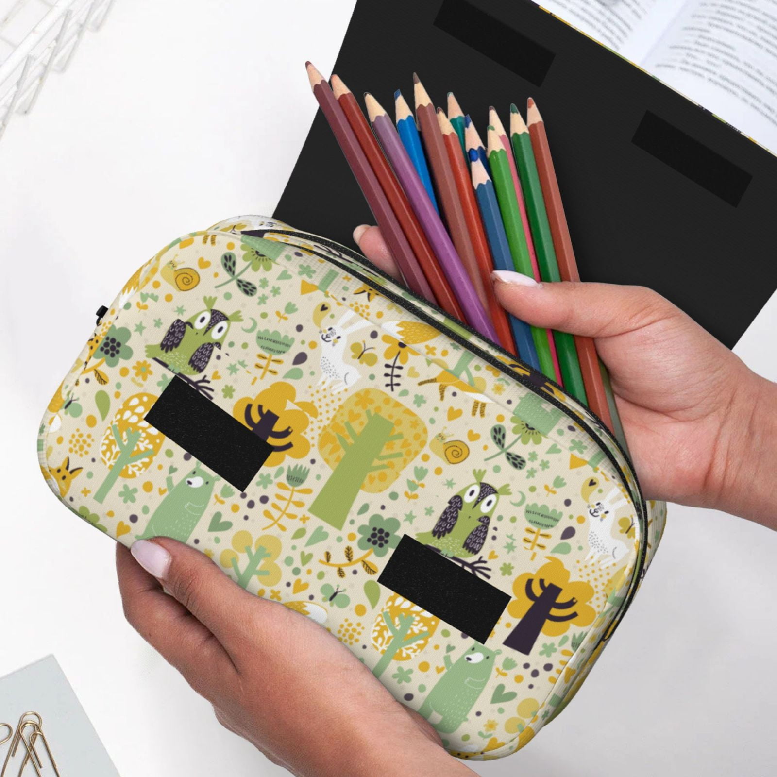 Rateoe Animal Tree Pattern Double Clamshell Pen Case, Storage Organizer with Two Zipper Compartments– Holds Up to 50 Pencils & Pens