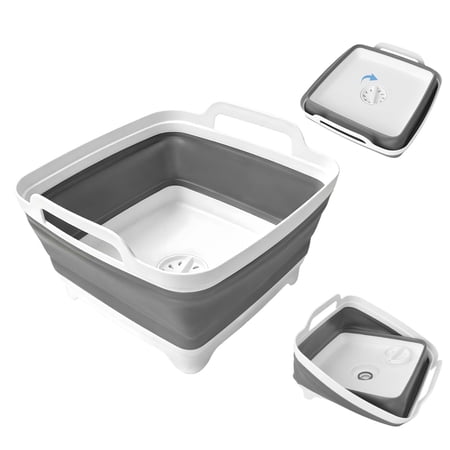 Collapsible Dish Basin 9L, Foldable Sink with Drain Plug, Portable Camping RV Kitchen Wash Tub Gray