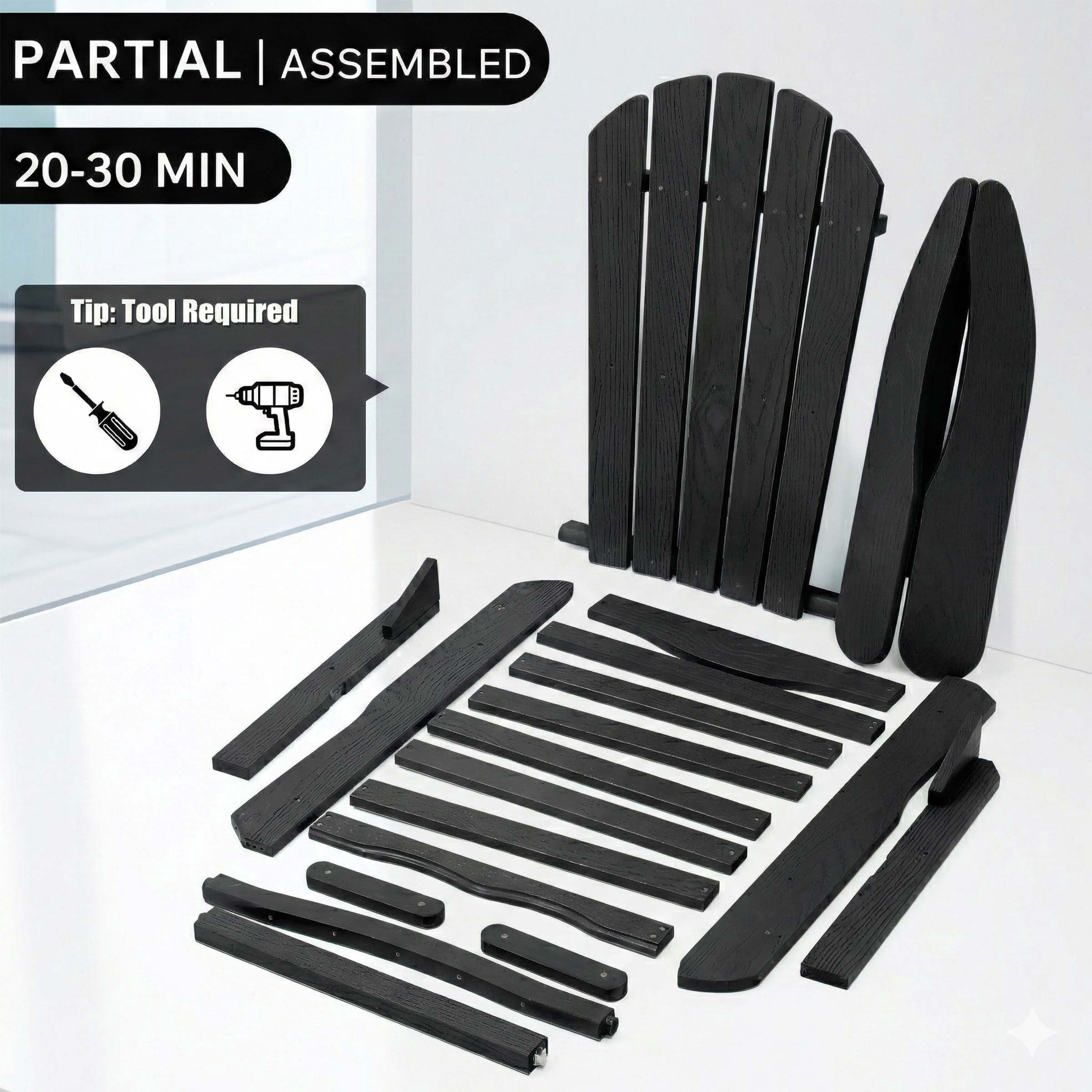 Embossed Cedar Wood Folding Adirondack Chair Set of 2, Outdoor Wooden Lounge Patio Chair with Smooth Finish, Foldable Garden Chair for Lawn Backyard, Black