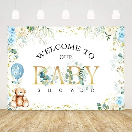 Bear Baby Shower Backdrop for Boy Green Eucalyptus Leaves Blue Balloon Photography Background Welcome to Our Baby Shower Party Decorations Banner Supplies Photo Booth Props