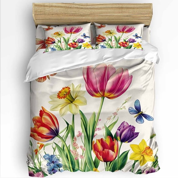 Tulips Dragonfly Full Size Comforter Set, Spring Floral Plant Pastoral Vintage Soft Bedding for All Seasons, 4 Pcs Bed Set with 1Comforter (86"x86") ,1 Sheet(80"x116"), 2 Pillowcases (19"x29")
