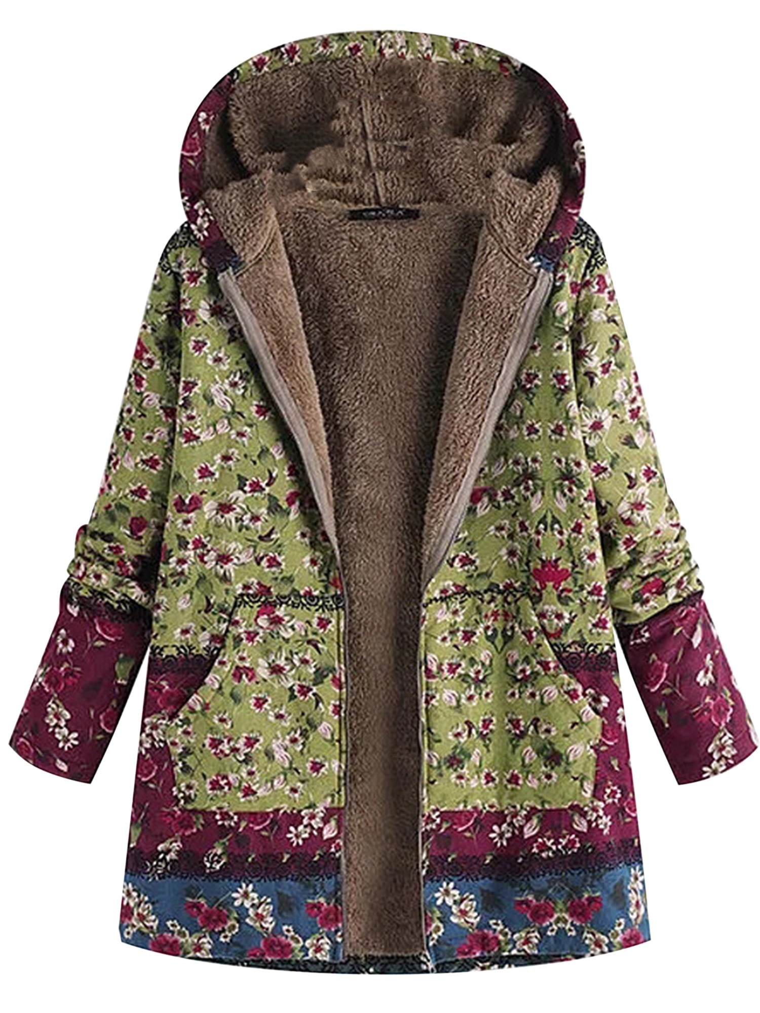 Frontwalk Women Vintage Loose Hooded Coat Floral Printed Fleeces Lining ...