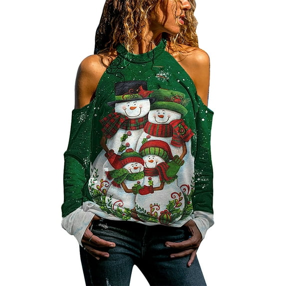 Gvmfive Women Christmas Halter Neck Long Sleeve Top Xmas Printed Hollow Out Shoulder Blouse Sweatshirts