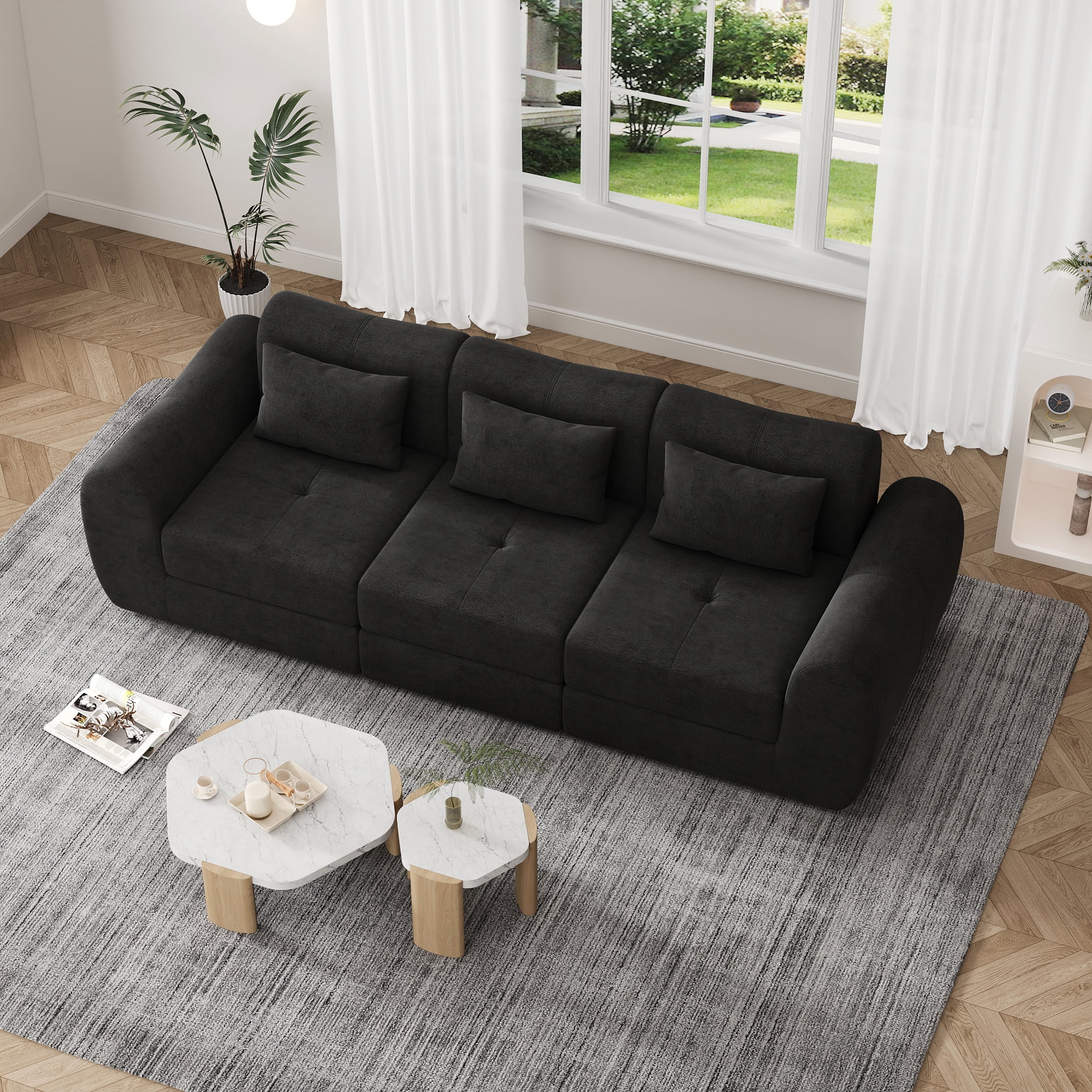 102" Modular Sectional Sofa with Chaise, 4-in-1 Modern Boneless Couch, 3 Seater Sofa with Extra Deep Seats, Folding Convertible Sofa Bed,Suitable for Living Room,Bedroom and Recreation Room (Black)