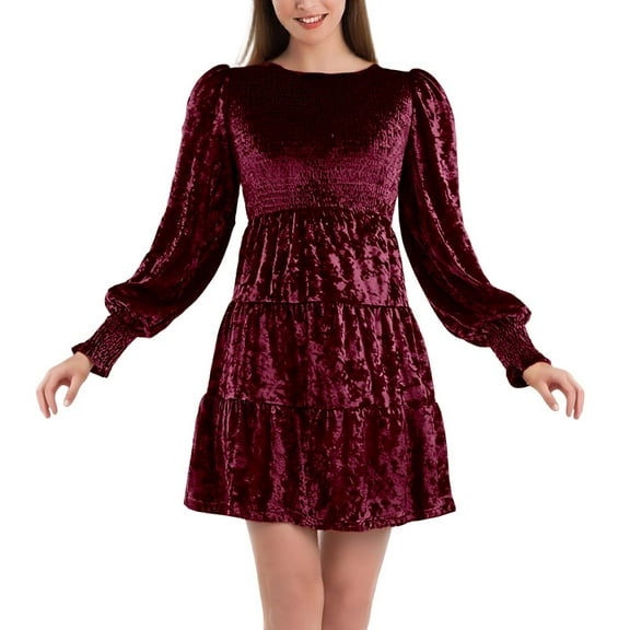 IWRICH Women's Fall Winter Crushed Velvet Dress Long Sleeve Crew Neck Elastic Smocked A-Line Tiered Ruffle Mini Dress Red XL