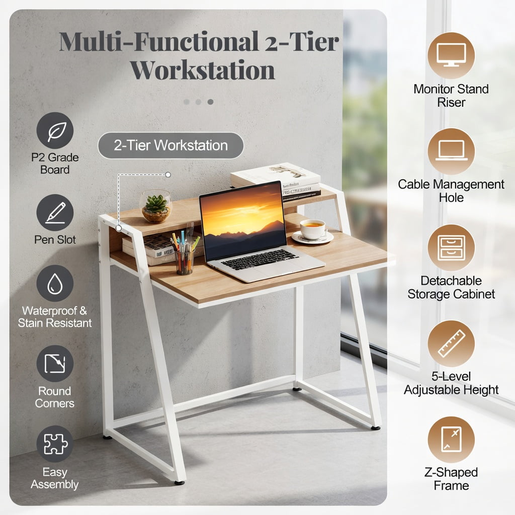 Yardi Yard 2 Tier Computer Desk PC Laptop Table Study Writing Home Office Workstation New-Natural, Computer Desk, Gaming Computer Desks for Study,Working,Writing