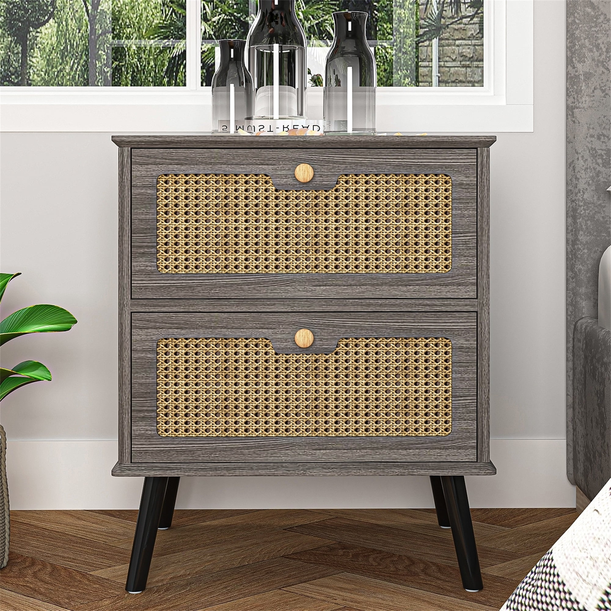 Spaco Rattan Night stand with Drawers, Bedroom Nightstand Bedside Table, Gray Spaco Rattan Night stand with Drawers, Bedroom Nightstand Bedside Table, Gray