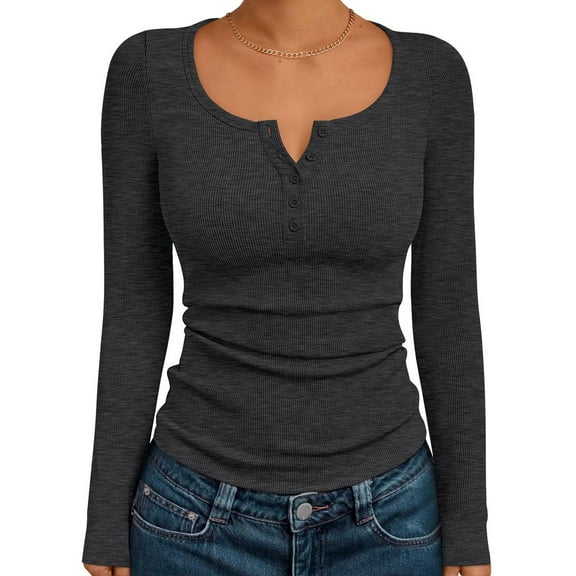 Women'S Long Sleeve Shirts Henley Casual Fall Outfits Fitted Tops Ribbed Fashion Basic Tees Dark Gray XL