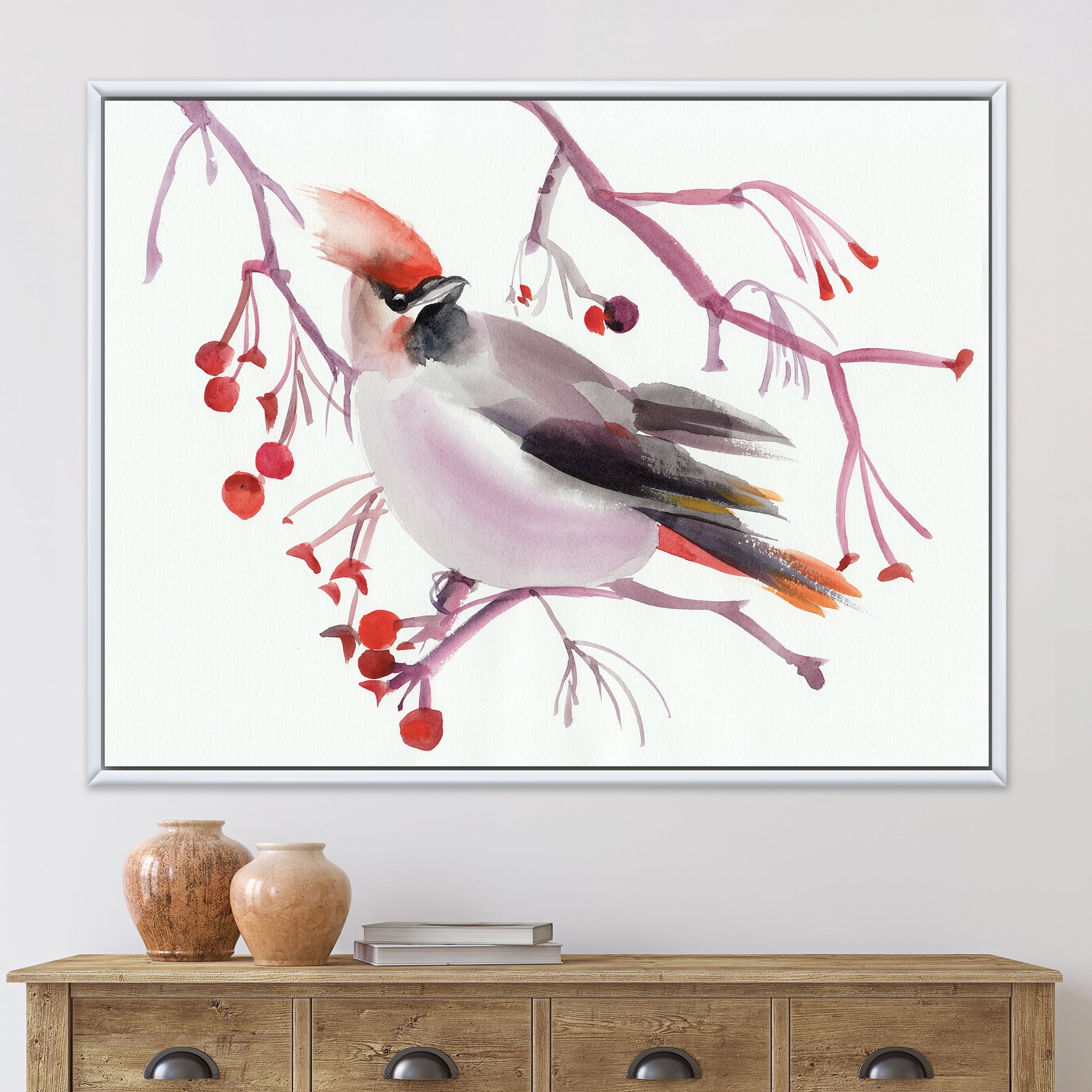 Designart 'Waxwing Bird Sitting On A Branch' Traditional Framed Canvas Wall Art Print